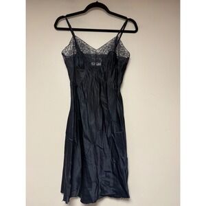 Barbizon Nylon Satin Slip Dress Lace Trim Navy Blue Vintage Size S